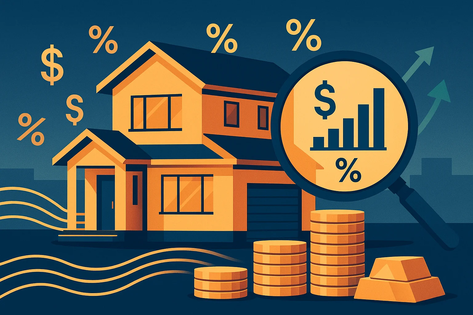 A magnifying glass over a property with a percentage sign