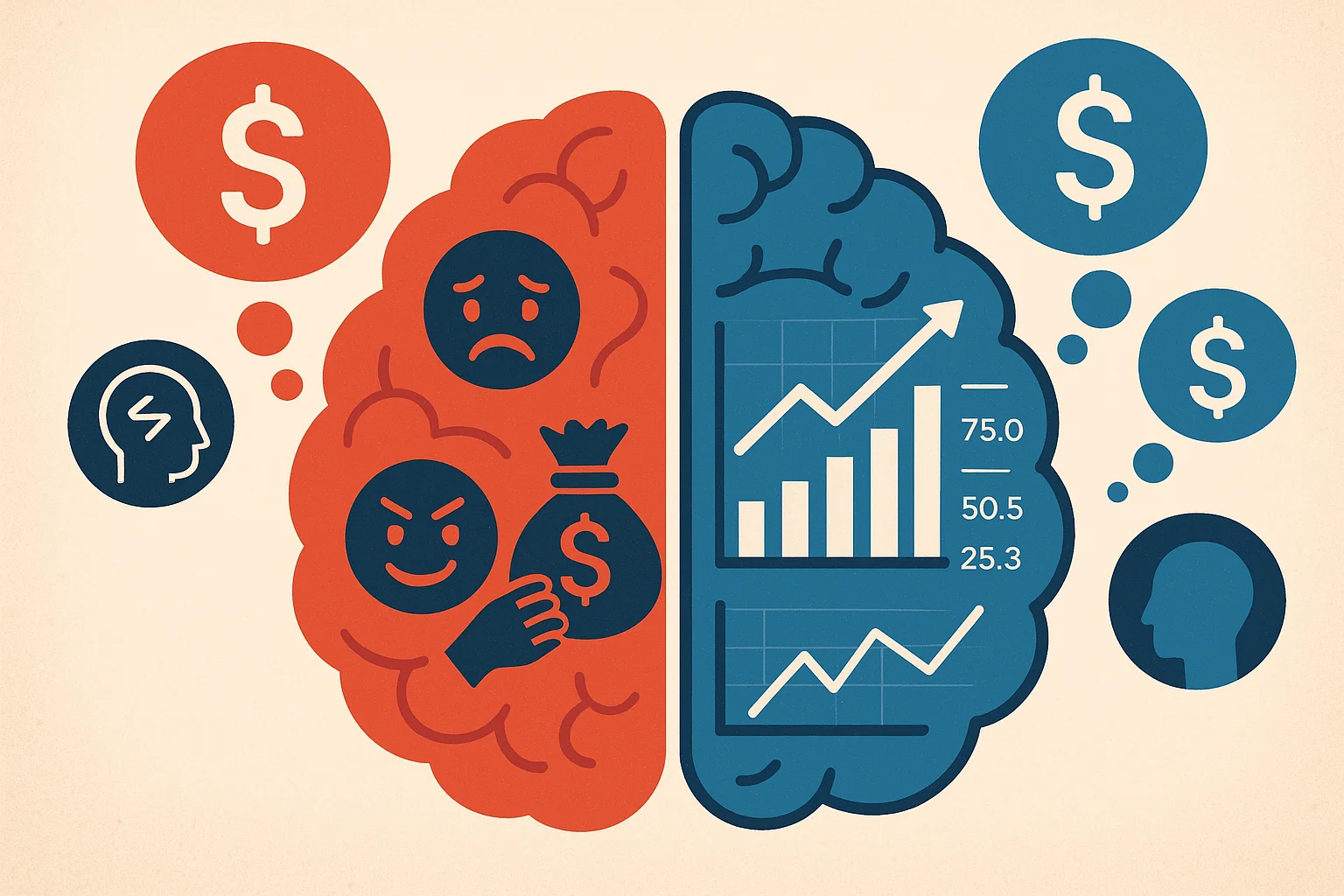 A brain with financial symbols representing investment psychology